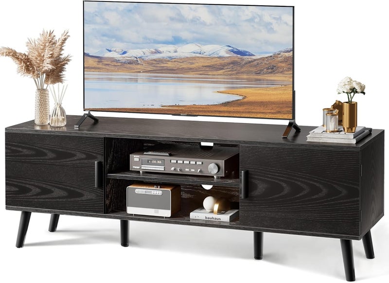 SUPERJARE TV Stand for 55 Inch TV, Entertainment Center with Adjustable Shelf, 2 Cabinets, TV Console Table, Media Console, Solid Wood Feet, Cord Holes, for Living Room, Bedroom, Black - Image 1